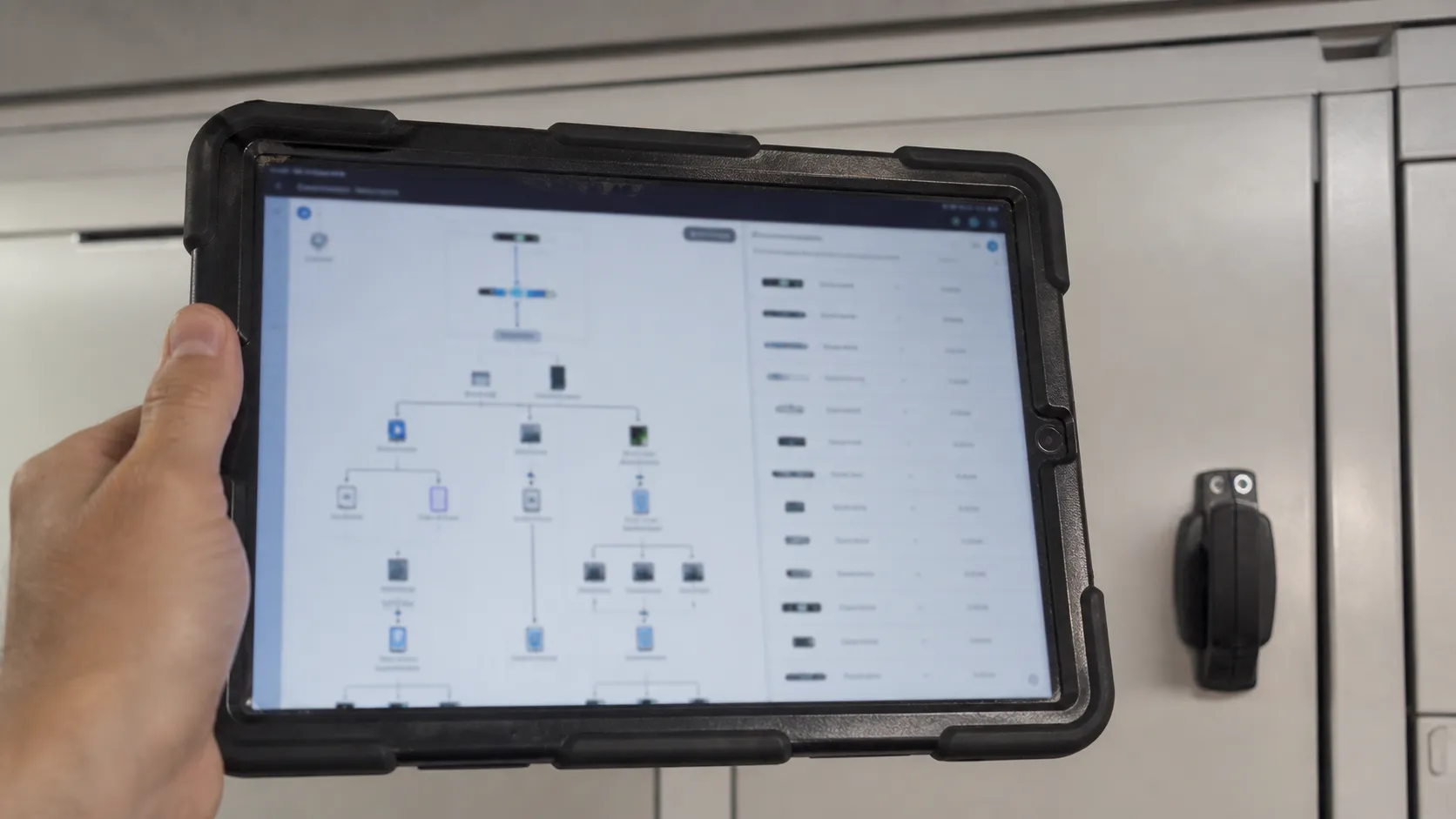 Tablet showing an electronic system topology and device inventory in front of a yacht cabinet.