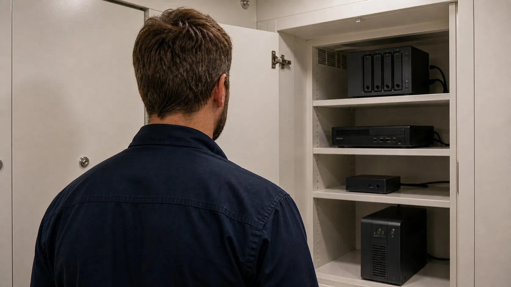 Independent engineer viewed from behind while inspecting a clean yacht equipment cupboard.