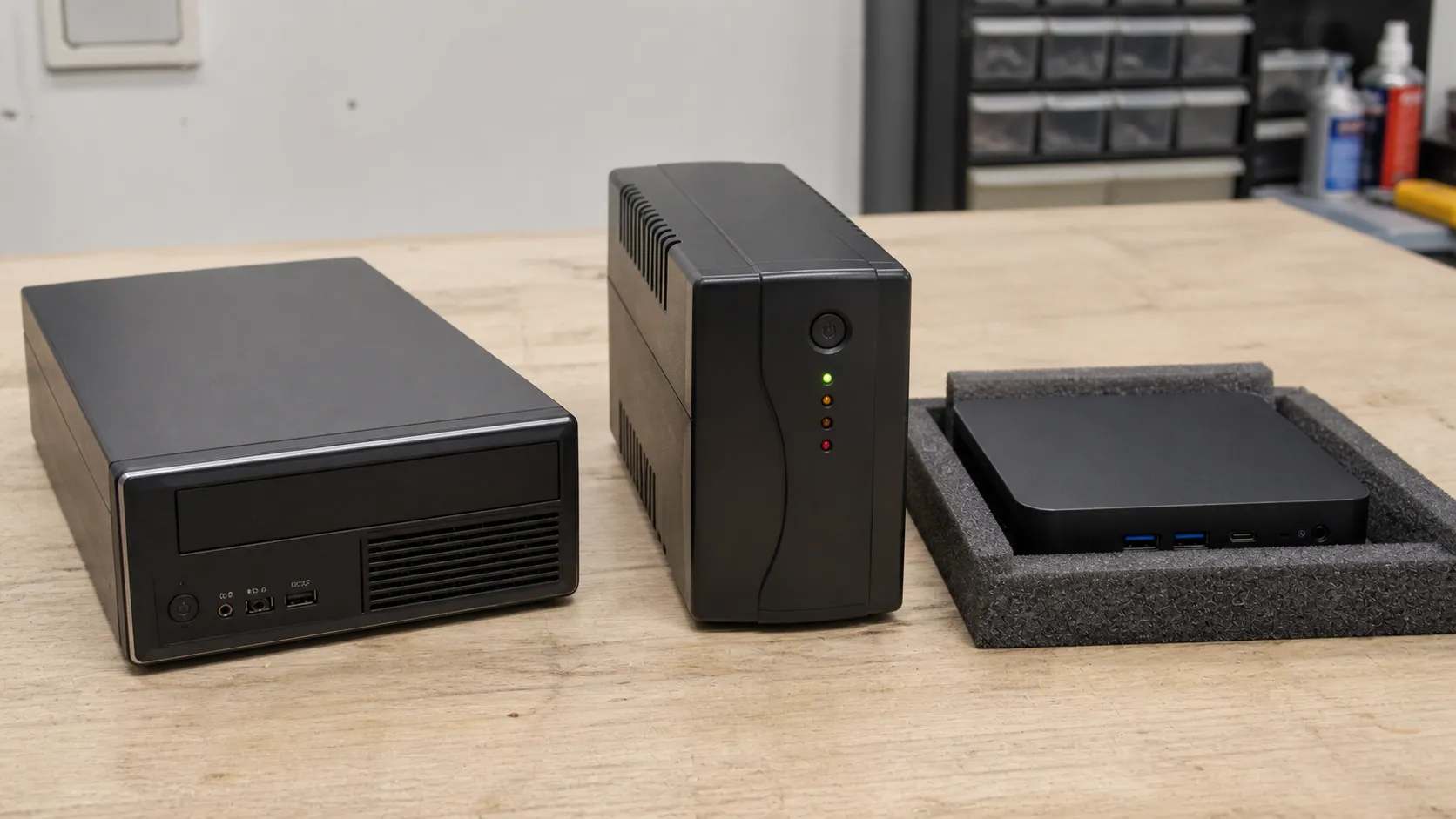 Older compact computer and UPS beside a newer mini PC.