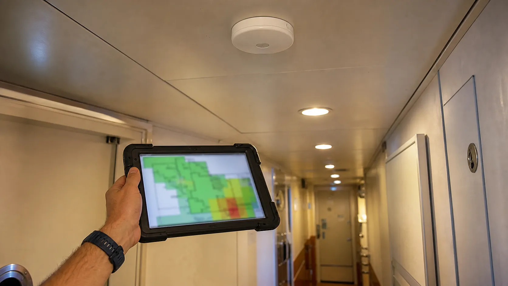 Wireless access point being surveyed in a yacht corridor.