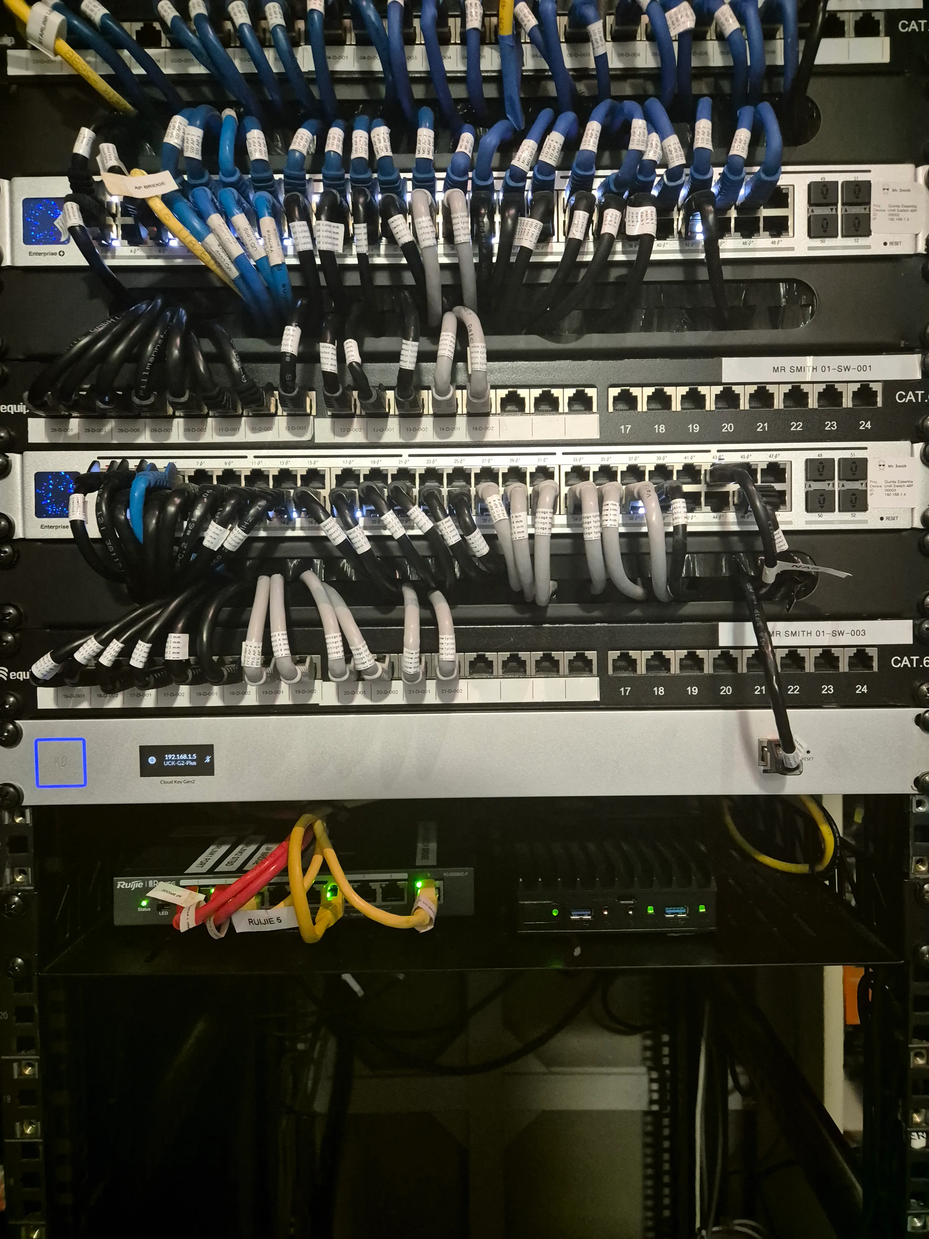 Existing yacht network rack with patching, switches and connected equipment.